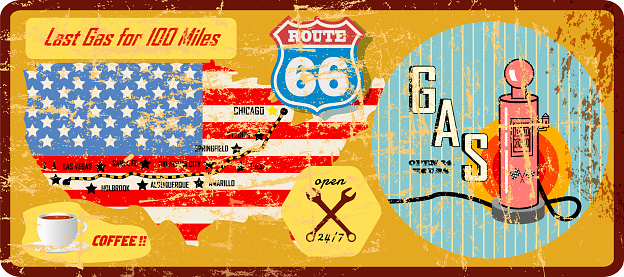 route 66 gas station sign and road map,retro vintage grungy vector illustration. Fictional vector artwork.