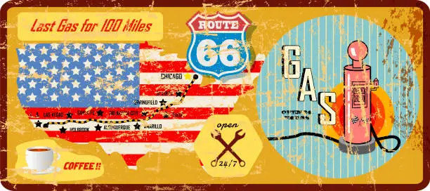 Vector illustration of grungy vintage route 66 gas station sign and road map
