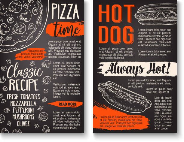 Fast food pizza and hot dog menu chalkboard poster Fast food pizza and hot dog sandwich chalkboard poster. Italian pizza topping and hot dog ingredient menu template with tomato, olive and cheese, sausage, mushroom and sauce chalk sketch on blackboard chalkboard menu template stock illustrations