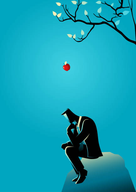 ilustraciones, imágenes clip art, dibujos animados e iconos de stock de amanecer cae apple a la cabeza de un empresario de pensamiento - contemplation silhouette tree men