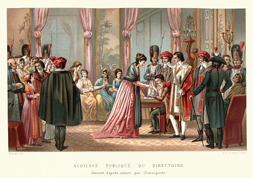 Vintage engraving of a Public Hearing of the French Directory (Audience Publique de Directoire). The Directory was a five-member committee which governed France from 1795, when it replaced the Committee of Public Safety, until it was overthrown by Napoleon Bonaparte in the Coup of 18 Brumaire (8–9 November 1799) and replaced by the French Consulate. It gave its name to the final four years of the French Revolution.