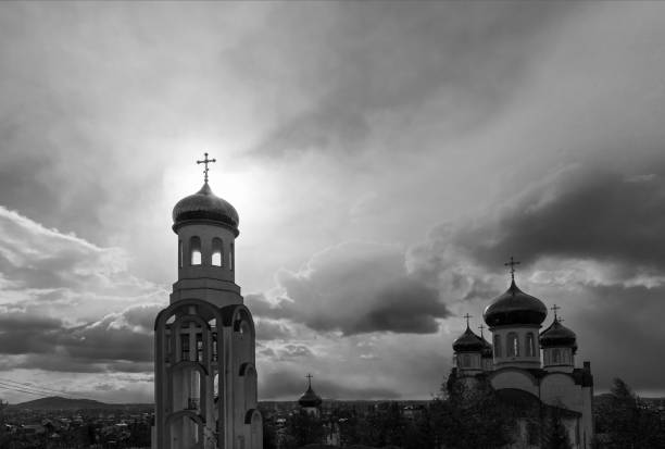 Orthodox church with golden domes in autumn sunny day, Church of All Saints in Carpaty
