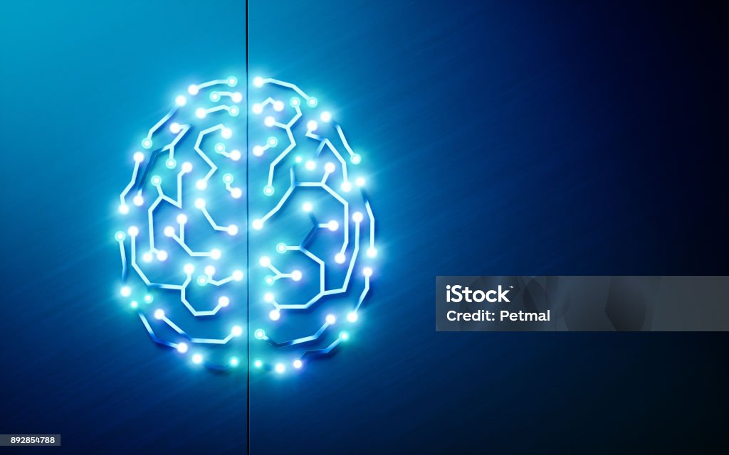 Printed circuits brain. Concept of artificial intelligence, deep learning, machine learning, smart autonomous robotic technology on blue background. Suitable for text messsage. 3d rendering Artificial Intelligence Stock Photo