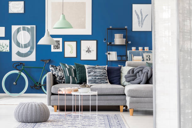 istock Pouf in blue living room 892855230