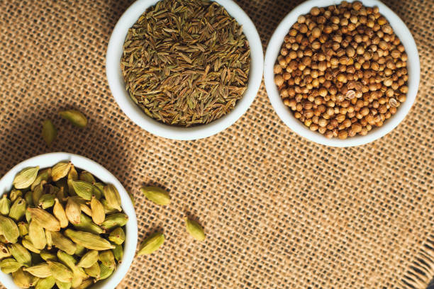 conceito de alimentos vários temperos, sementes de coentro, sementes de cominho e o cardamomo em copos de cerâmicos brancos de saco marrom - brown close up condiment coriander seed - fotografias e filmes do acervo