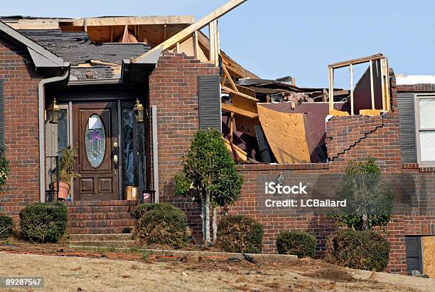 Brick House With The Roof Destroyed By An Ef2 Tornado Stock Photo - Download Image Now