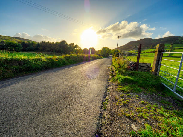 road amidst field against sky during sunset - 6707 imagens e fotografias de stock