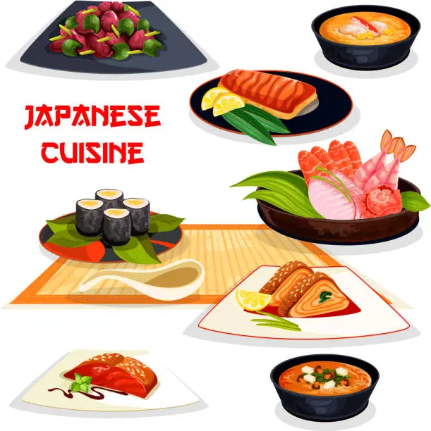 Vector illustration of Japanese restaurant lunch dishes of asian cuisine