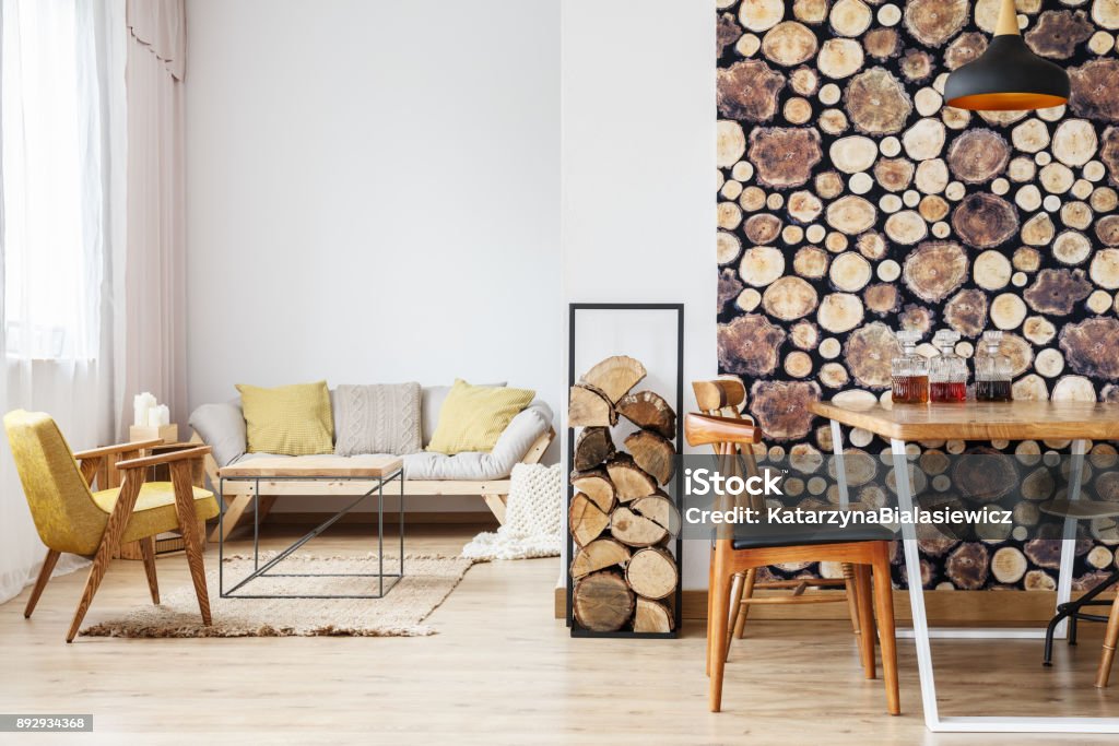 Appartement avec canapé, fauteuil et table - Photo de Style rustique libre de droits