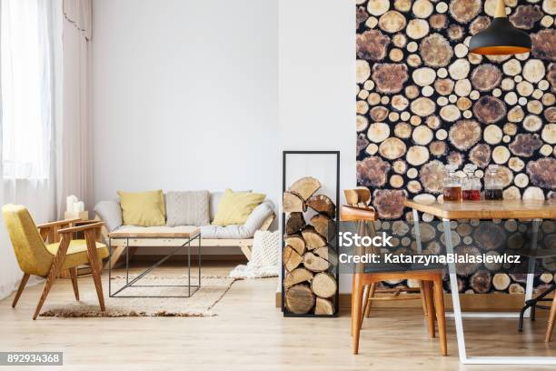 Photo libre de droit de Appartement Avec Canapé Fauteuil Et Table banque d'images et plus d'images libres de droit de Style rustique - Style rustique, Intérieur de maison témoin, Hiver