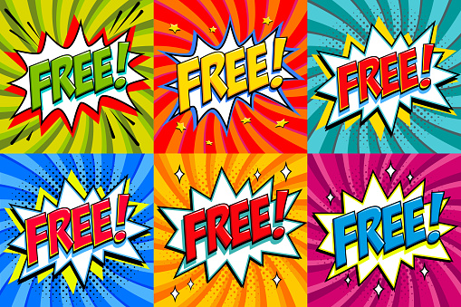 Free - Comic book style stickers. Free banners in pop art comic style. Color summer banners in pop art style Ideal for web. Decorative backgrounds with bomb explosive. Vector illustration.