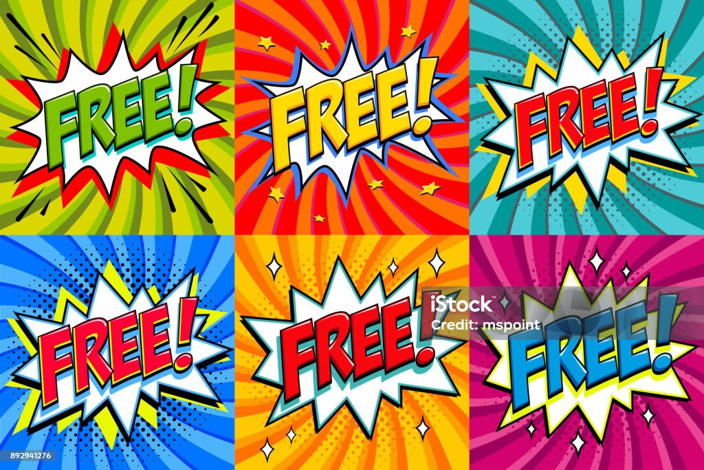 Free - Comic book style stickers. Free banners in pop art comic style. Color summer banners in pop art style Ideal for web. Decorative backgrounds with bomb explosive Free - Comic book style stickers. Free banners in pop art comic style. Color summer banners in pop art style Ideal for web. Decorative backgrounds with bomb explosive. Vector illustration. Free of Charge stock vector