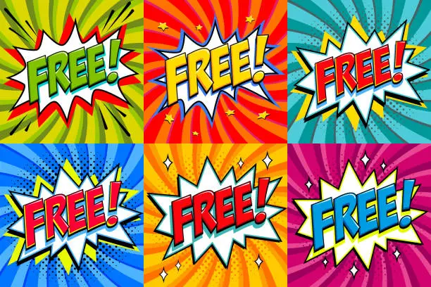 Vector illustration of Free - Comic book style stickers. Free banners in pop art comic style. Color summer banners in pop art style Ideal for web. Decorative backgrounds with bomb explosive