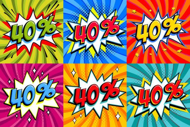 verkauf eingestellt. verkauf vierzig prozent 40 aus tags auf einem comic bang form hintergrund. pop art comic-rabatt aktion banner. saisonale rabatte, black friday, cyber-monday - clear sky flash stock-grafiken, -clipart, -cartoons und -symbole