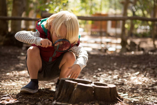 istock Little girl exploring the nature through a magnifying glass 892944764