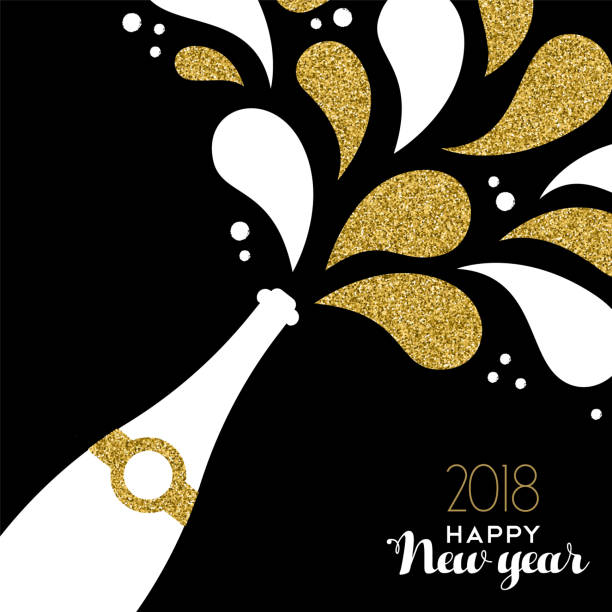 ilustraciones, imágenes clip art, dibujos animados e iconos de stock de feliz año nuevo 2018 splash de botella de oro brillo - champagne