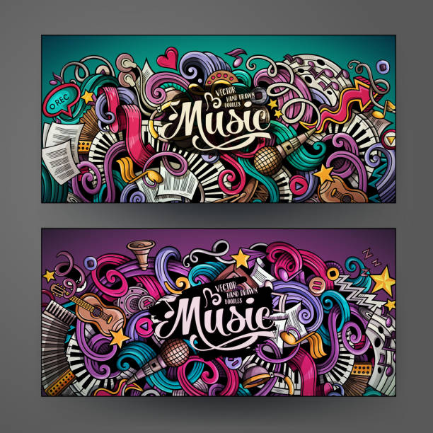 Cartoon hand-drawn doodles Musical banners Cartoon colorful vector hand drawn doodles music corporate identity.2 orizontal banners design. Templates set rock n roll music speakers stock illustrations