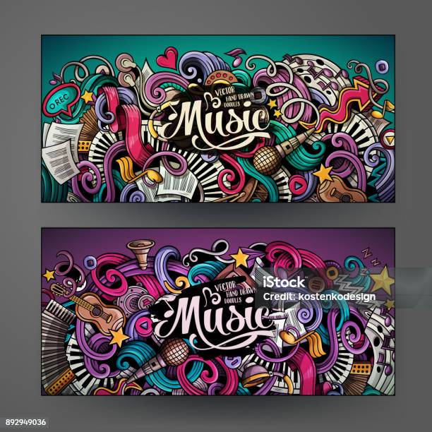 Cartoon Handdrawn Doodles Musical Banners Stock Illustration - Download Image Now - Music, Abstract, Musical Instrument