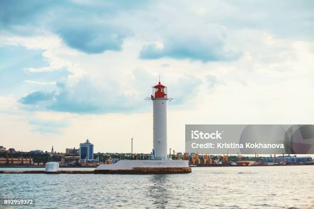 Vorontsov Lighthouse In The Gulf Of Odessa Ukraine Beautiful Sunny Day Landscape With Sea Skyline Amazing City Panorama With Blue Water And Beacon Pharos Seamark Stock Photo - Download Image Now