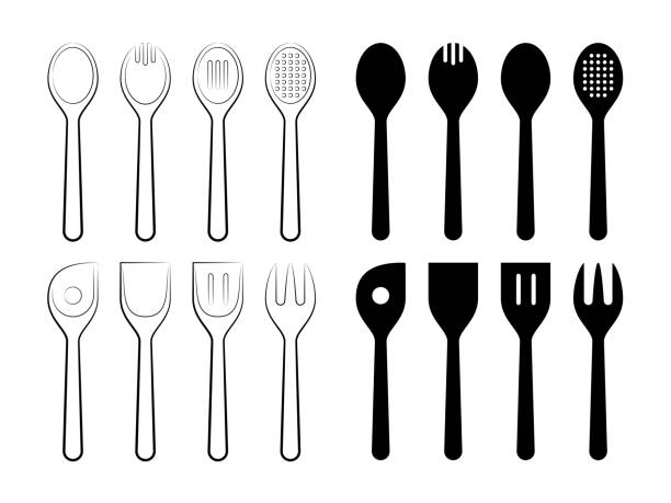 Spoons Set Line Art Vector Illustration of a set of Spoons and their Silhouettes. slotted spoon stock illustrations