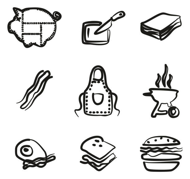 illustrations, cliparts, dessins animés et icônes de icônes de bacon à la volée - bacon vector breakfast farm