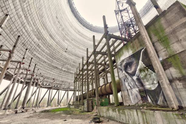 Chernobyl, Ukraine - 26 November 2017. Cooling tower of unfinished Chernobyl nuclear power plant stock photo