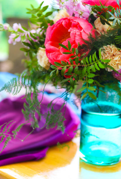 istock Table setting in vintage style is decorated with flowers 893025008