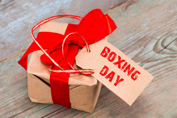 istock gift box and tag with a text: boxing day, on wooden background 893032690