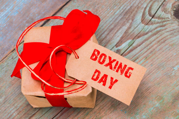 istock gift box and tag with a text: boxing day, on wooden background 893032734