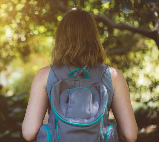 istock Woman with backpack in the forest. View from the back. 893044666