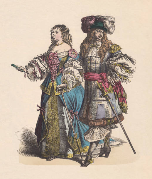 프랑스 귀족, 늦은 17 세기, 손 색 나무 조각, 출판 c. 1880 - luxury women wealth baroque style stock illustrations