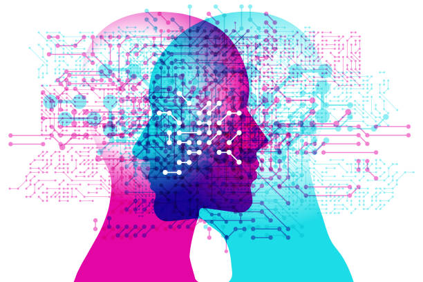 Digital AI Minds A female and male side silhouette positioned back to back overlaid with various semi-transparent computer electronic circuit line and shapes representing a human link to Artificial Computer Intelligence. inspiration silhouettes stock illustrations