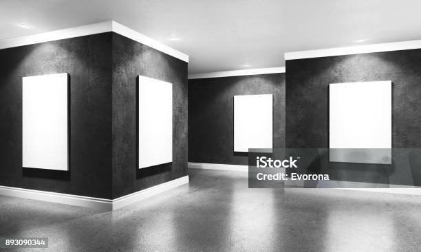 Moderne Beton Galeriezimmer Mit Direktionalen Spotlight Und Frames Stockfoto und mehr Bilder von Kunstmuseum