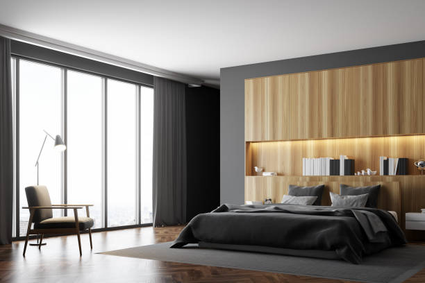 istock Gray and wooden bedroom, side 893092864
