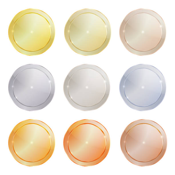 ilustrações de stock, clip art, desenhos animados e ícones de vector set of polished metal circular shape made of platinum, gold, red gold, silver, bronze, copper, aluminum, which can be used in web design as the medals, coins, buttons, sewing buttons, signs - medal platinum gold silver