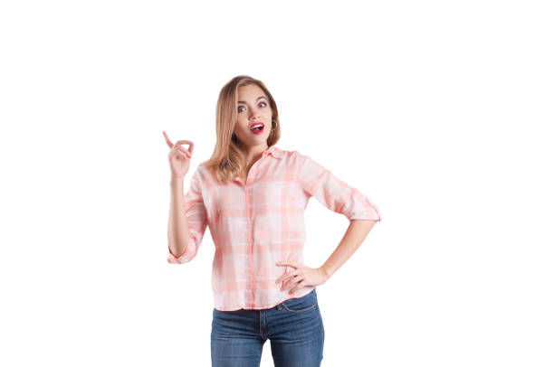 istock beautiful girl in jeans forefinger 893101296