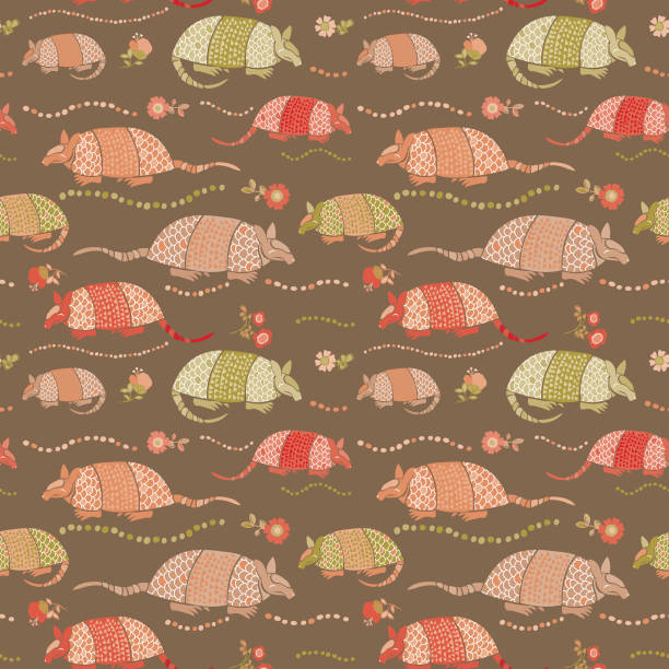 seamless_armadillo_floral_allover_print_pattern_brown_background - texttile stock illustrations