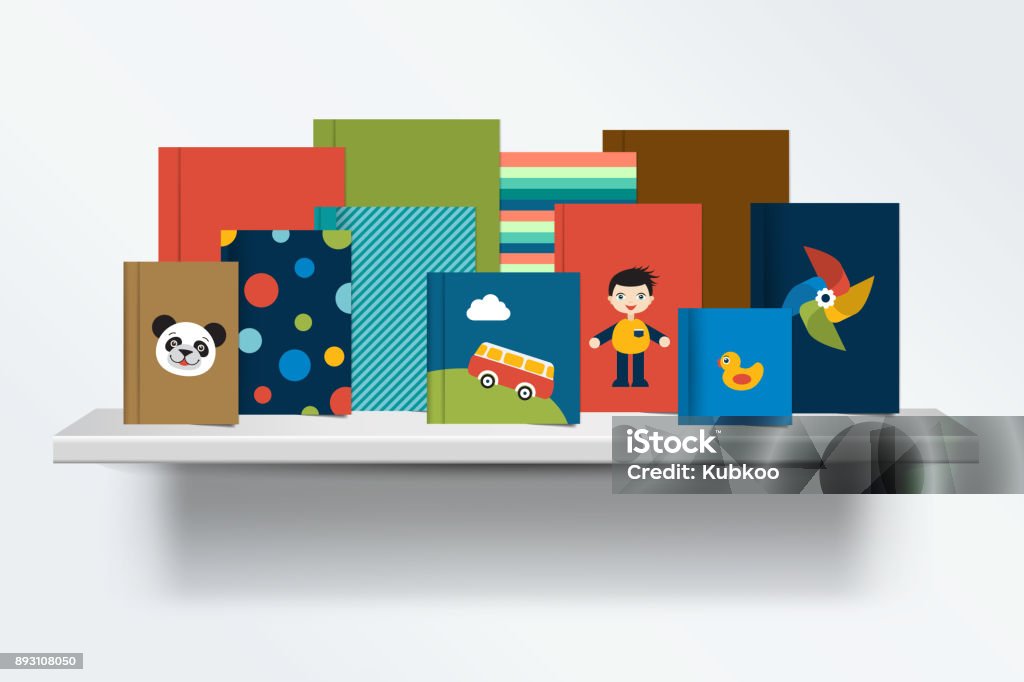Children, kids Bookshelf. Vector illustration. Children, kids Bookshelf. Front view of books cover standing on grey background with shadows. Vector illustration. Child stock vector