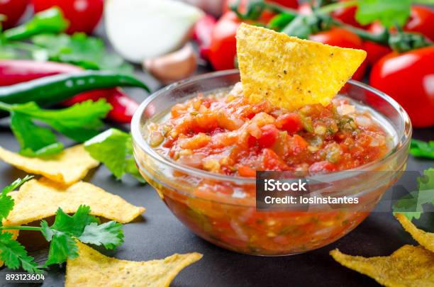 Traditional Mexican Homemade Salsa Sauce With Ingredients Tomat Stock Photo - Download Image Now