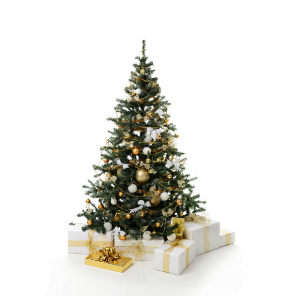 istock Gold Christmas tree with golder patchwork ornament artificial star hearts balls bells presents for new year 893133504