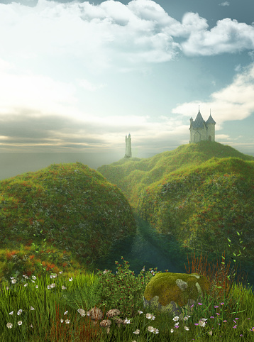 3D render of an enchanting castle close to the sea