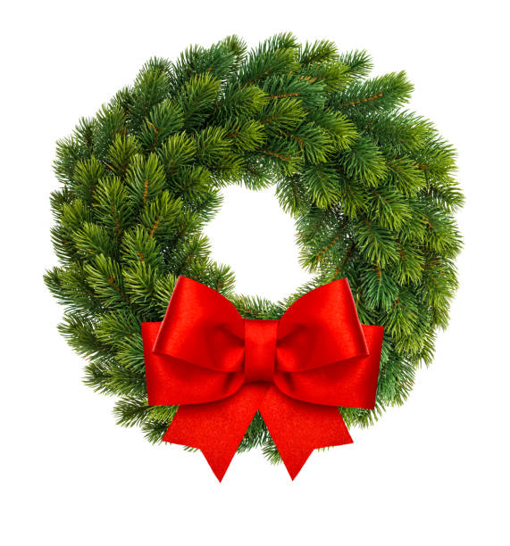 istock Christmas decoration wreath red ribbon bow isolated white 893137388