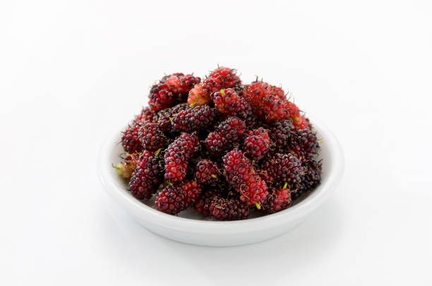 Mulberry in small white dish on white background