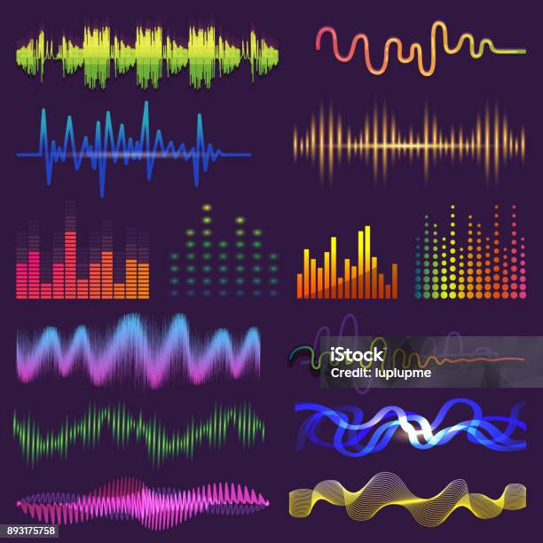 Vagues Sonores Musique Sur Radio Vecteur Sounding Audio Signal Et De La Longueur Donde De La Bande Son Et Voix Agité Avec Soundwave Volume Isolé Illustration Vecteurs libres de droits et plus d'images vectorielles de But égalisateur