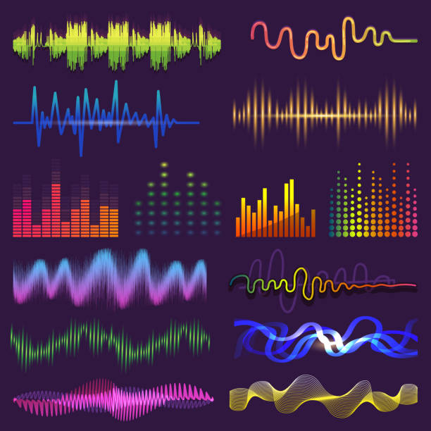 illustrazioni stock, clip art, cartoni animati e icone di tendenza di onde musicali del suono su radio vector audio suono forma d'onda e lunghezza d'onda della colonna sonora e voce ondeggiata con volume di onde sonore illustrazione isolata - animal background audio