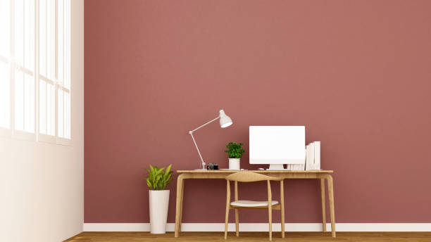 istock workplace and red wall in apartment or home - Interior design for artwork - 3D Rendering 893176192