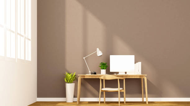 istock workplace and brown wall in apartment or home - Interior design for artwork - 3D Rendering 893176194