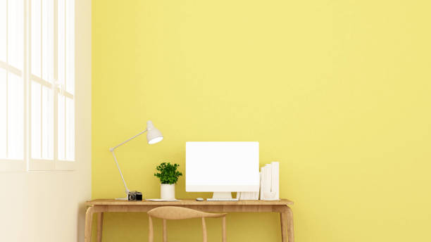 istock workplace and yellow wall in apartment or home - Interior design for artwork - 3D Rendering 893176206