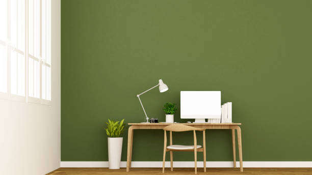 istock workplace and green wall in apartment or home - Interior design for artwork - 3D Rendering 893180490