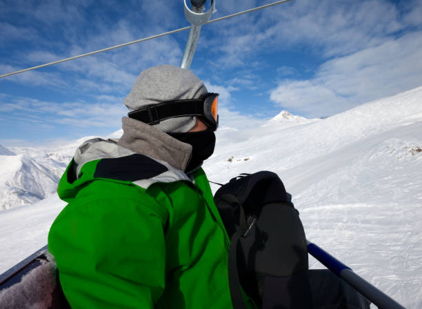 istock Skier on cable car and snowy ski slope 893180824